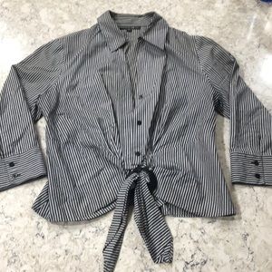 Black/white pinstriped blouse w tie front